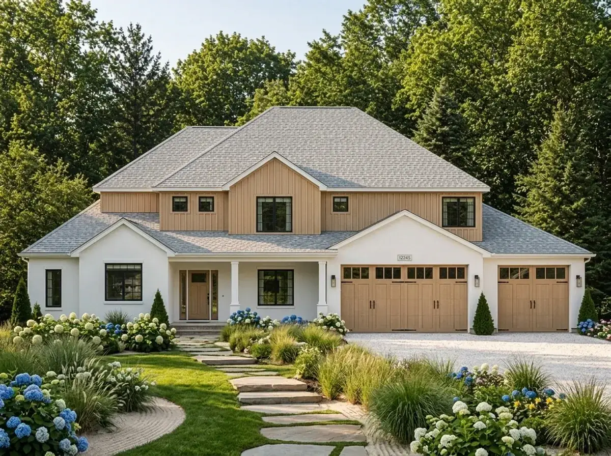 Scandinavian white stucco modern farmhouse with warm wood gable accents