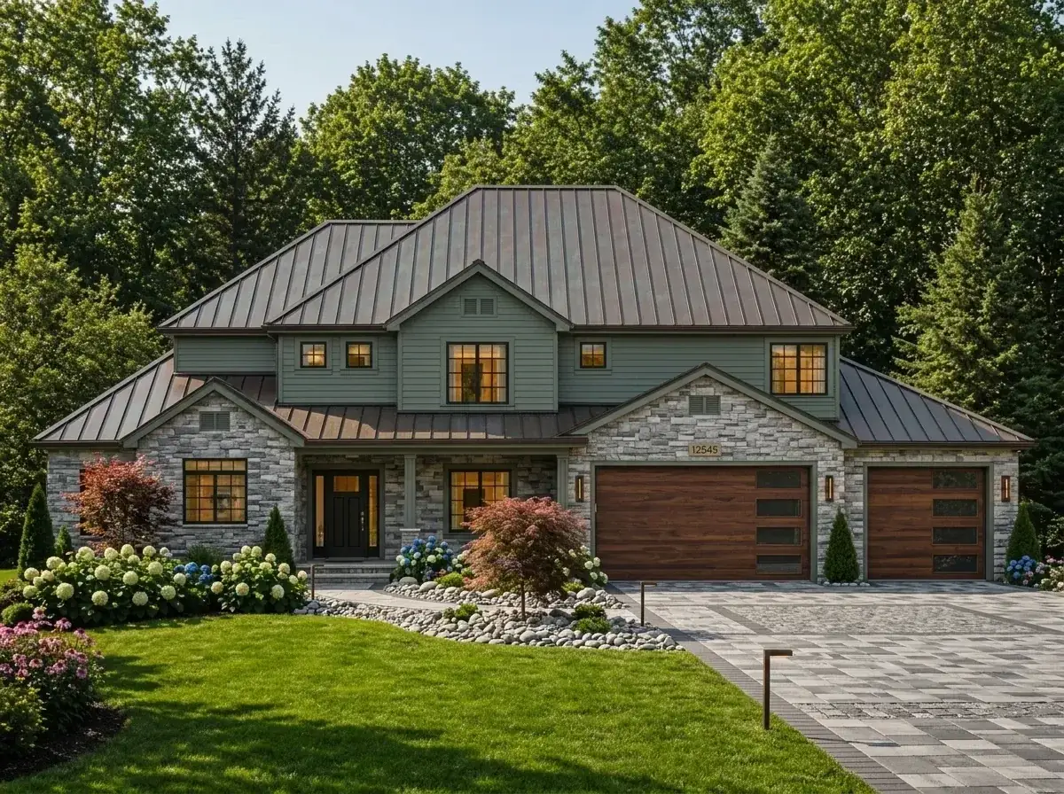 Rustic lodge facade with green siding and stone veneer base
