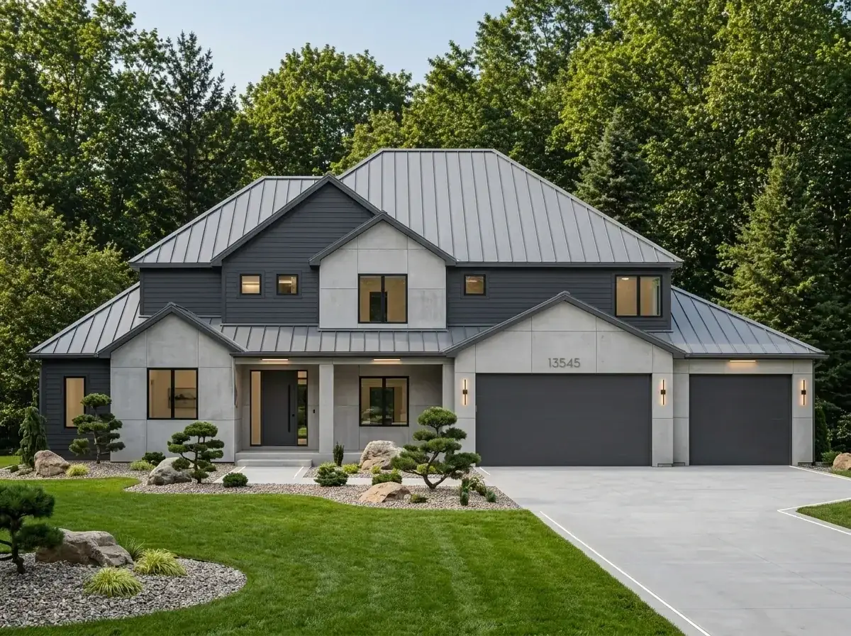 Industrial concrete panel modern facade with standing seam metal roof