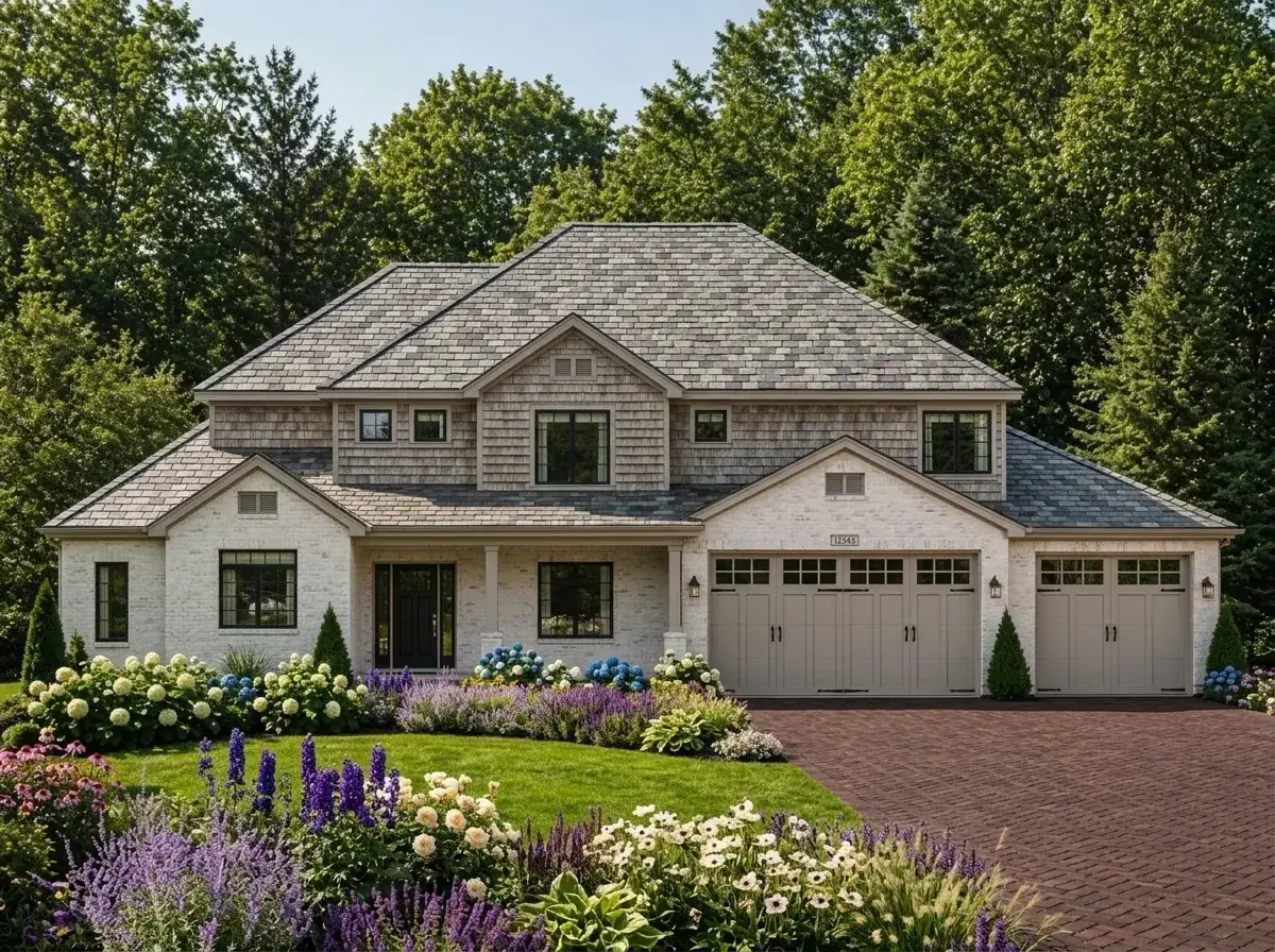 Cedar shake and whitewashed brick traditional facade with carriage style garage doors