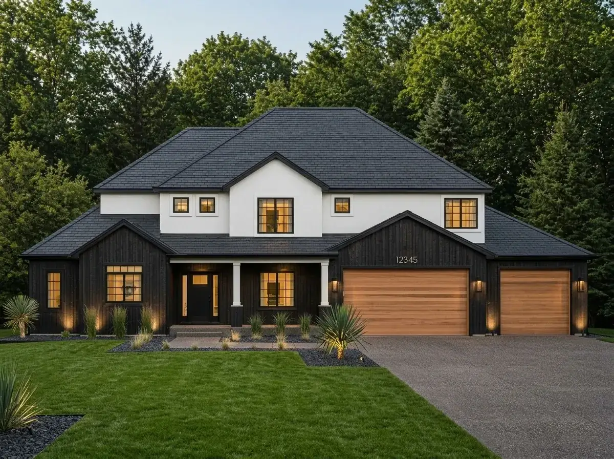 Black exterior with horizontal wood accent wall modern farmhouse