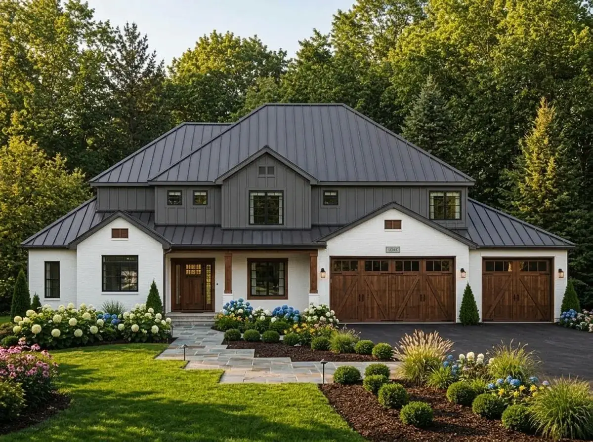 White painted brick with dark standing seam metal roof and wood columns