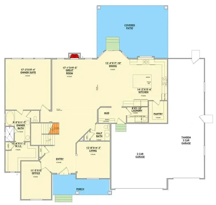 Modern farmhouse main floor plan with main-level primary suite, great room, kitchen, and tandem garage service wing