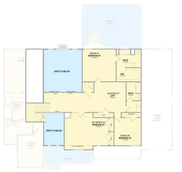 Modern farmhouse second floor plan with three bedrooms, loft, Jack-and-Jill bath