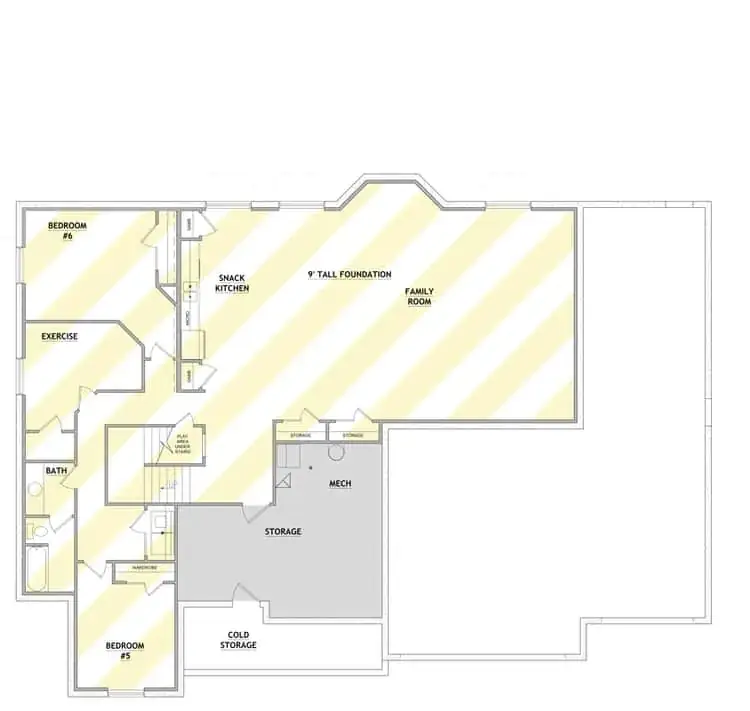 Modern farmhouse finished basement plan with two additional bedrooms, family room, snack kitchen and exercise space