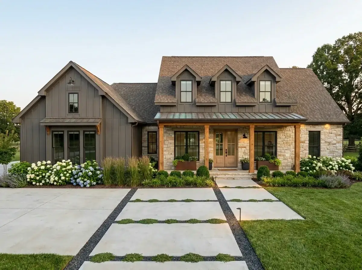 Plan 185037PHD facade variation 1 — dark and moody modern farmhouse with charcoal board-and-batten and light stacked stone