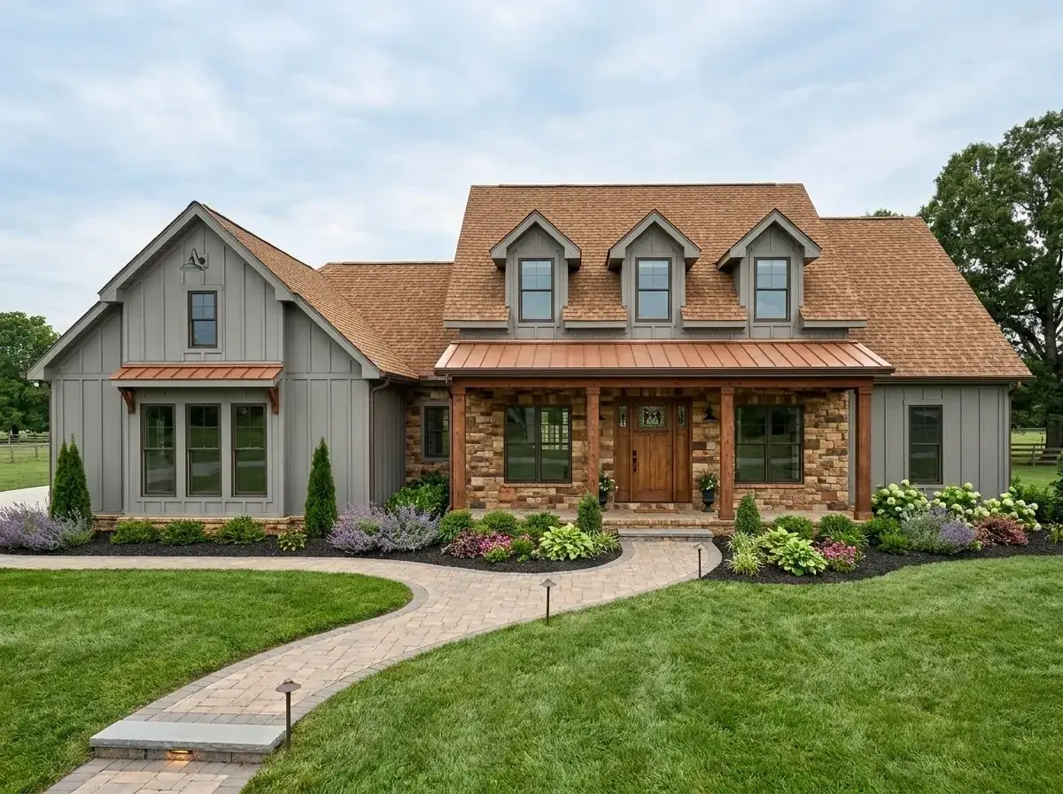 Plan 185037PHD facade variation 2 — rustic warmth with vertical gray siding, multi-toned stone and copper-toned metal roof accents