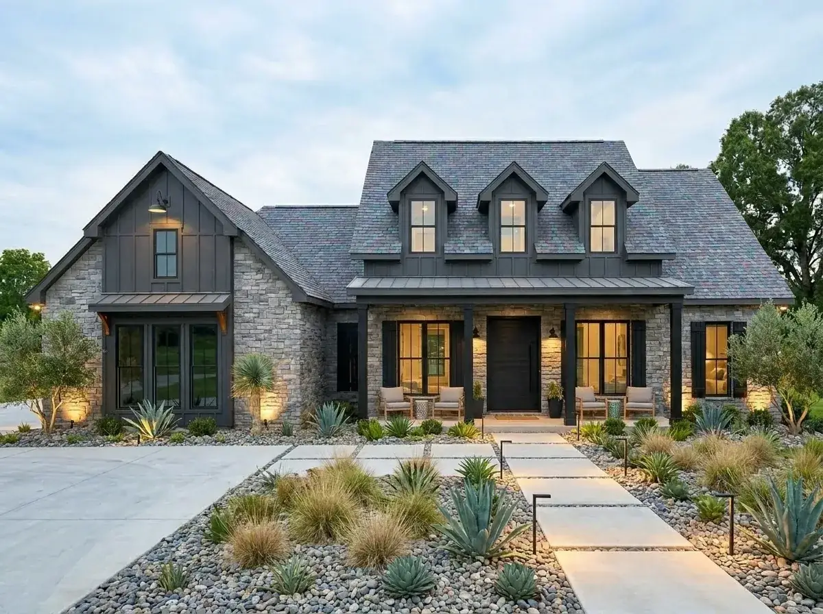 Plan 185037PHD facade variation 4 — modern desert xeric with dark gray vertical siding, gray stacked stone and gravel landscape