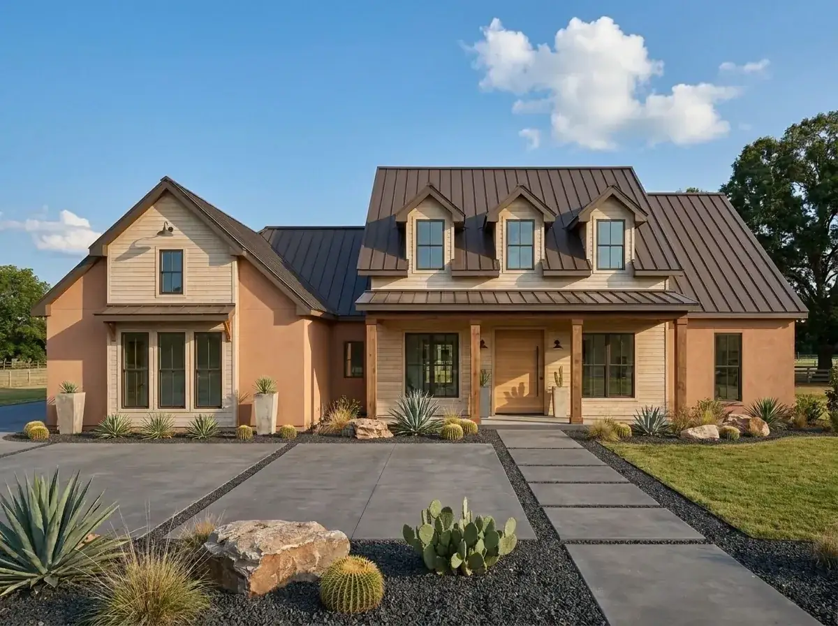Plan 185037PHD facade variation 5 — southwestern fusion with terra cotta stucco and horizontal wood siding