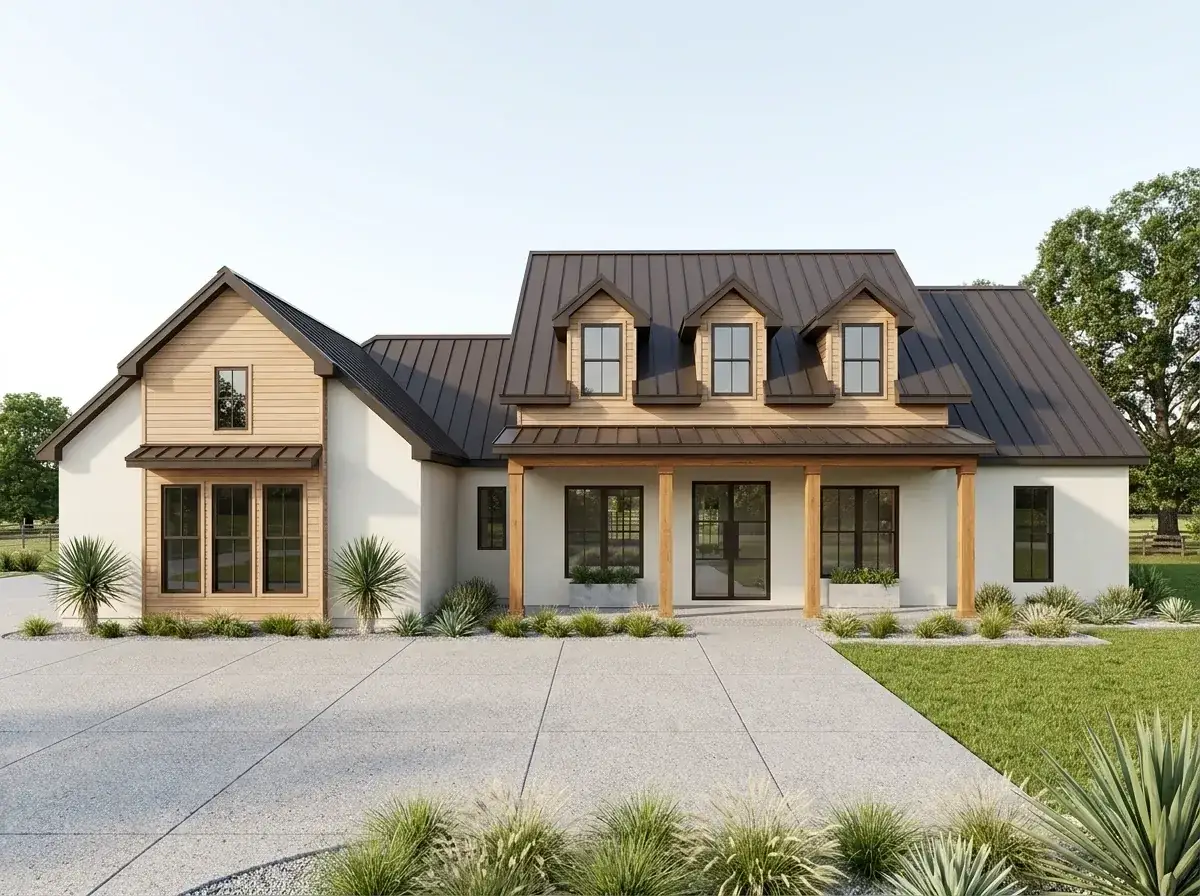 Plan 185037PHD facade variation 6 — Scandi-modern minimalist with white stucco and natural wood horizontal accents