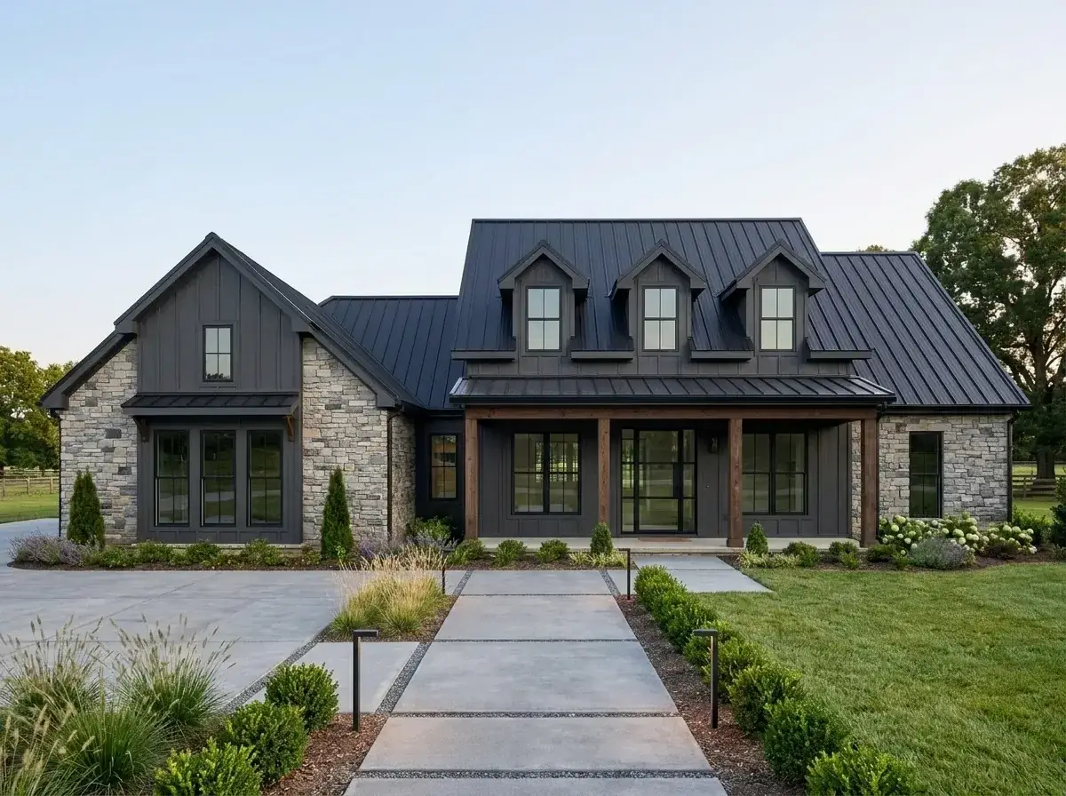 Plan 185037PHD facade variation 8 — dark monochrome industrial with charcoal vertical siding and black metal roof