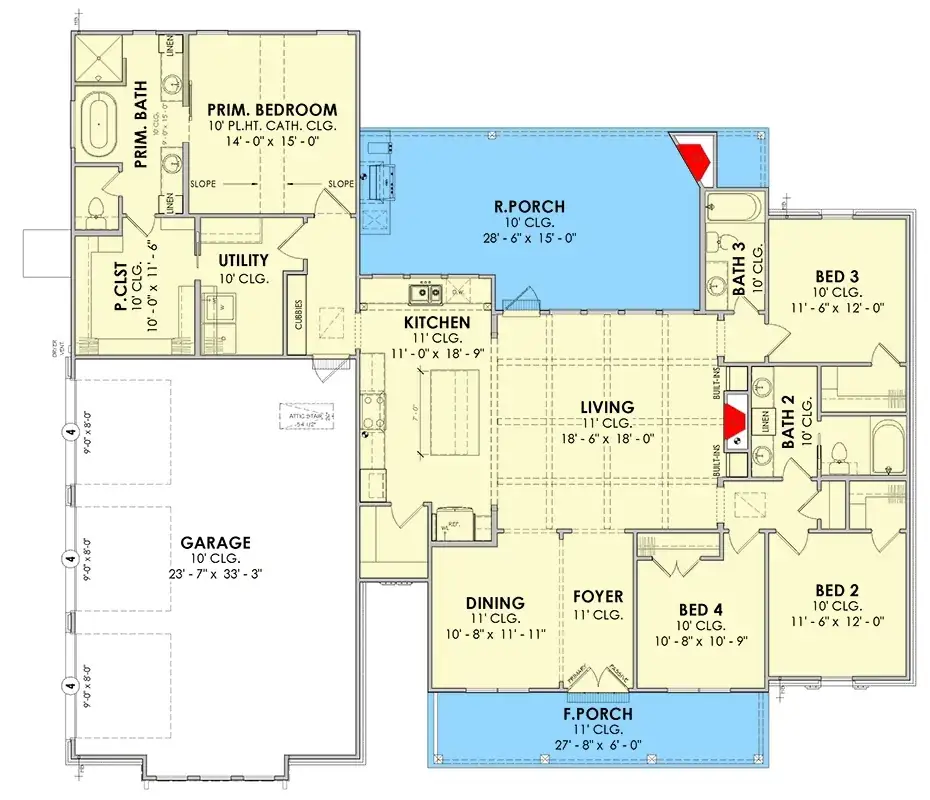 Plan 185037PHD main level floor plan — single-story modern farmhouse with split bedrooms, 11-foot living core, walk-in pantry and rear covered porch with outdoor kitchen