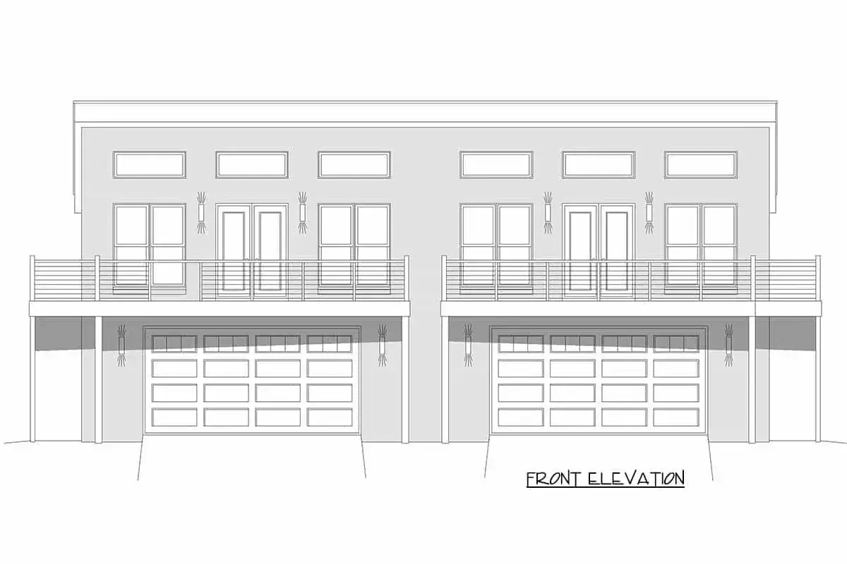 Modern duplex rear elevation with windows and warm wood accent