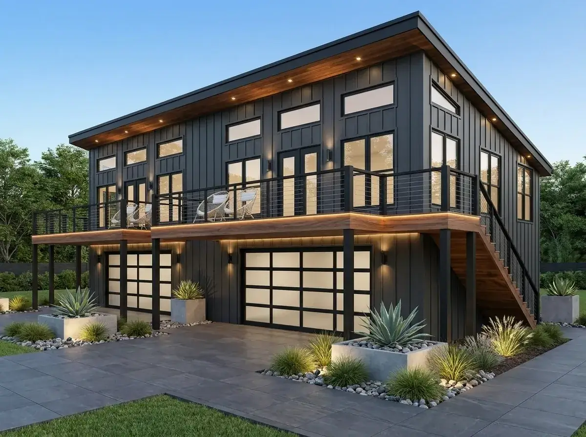 Dark grey board and batten duplex with wood soffit accents