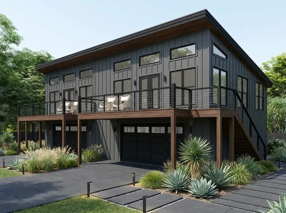 Moody dark grey duplex with wood soffit and gravel landscaping