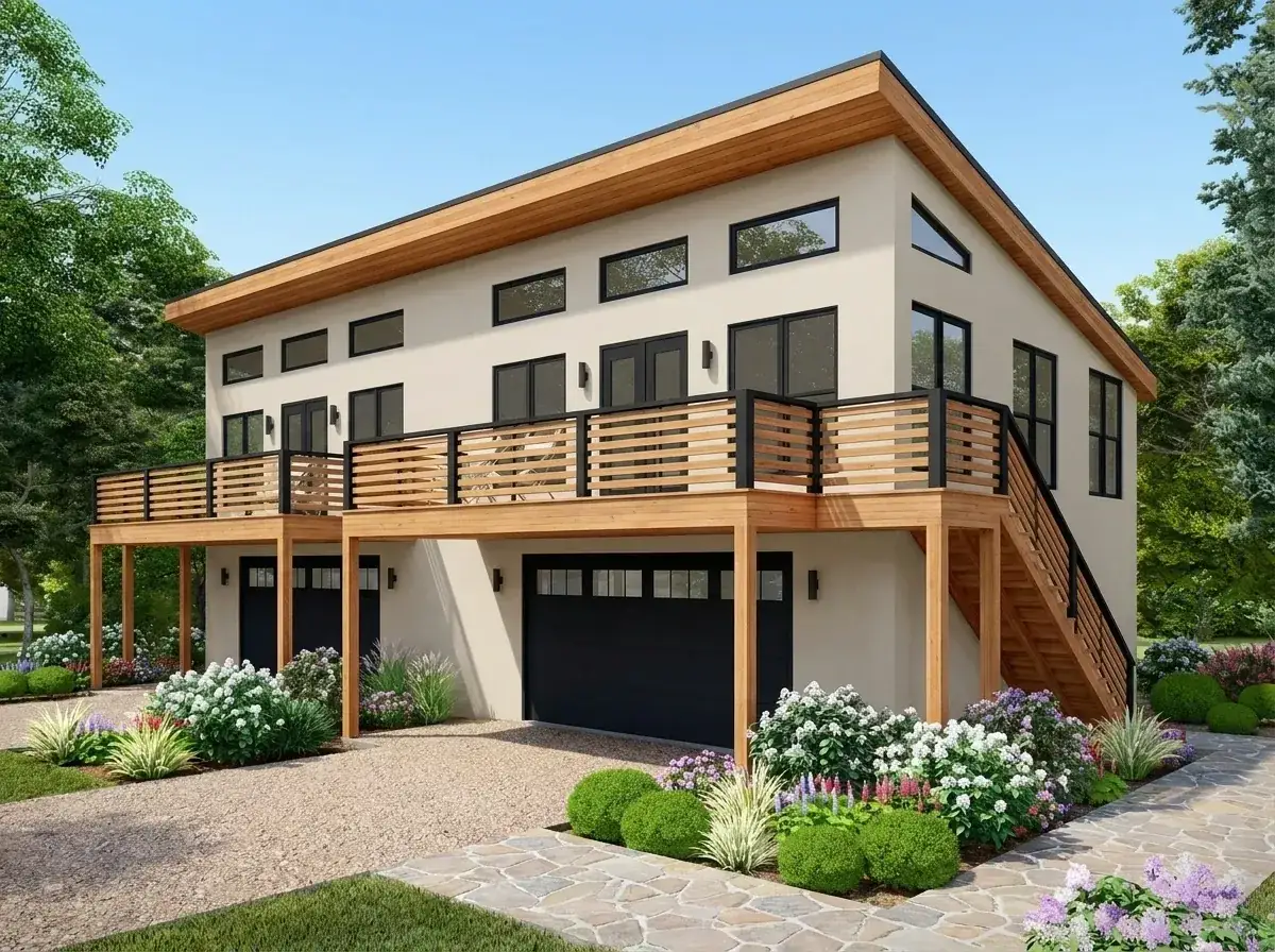 Beige stucco duplex with natural wood fascia and slat railing