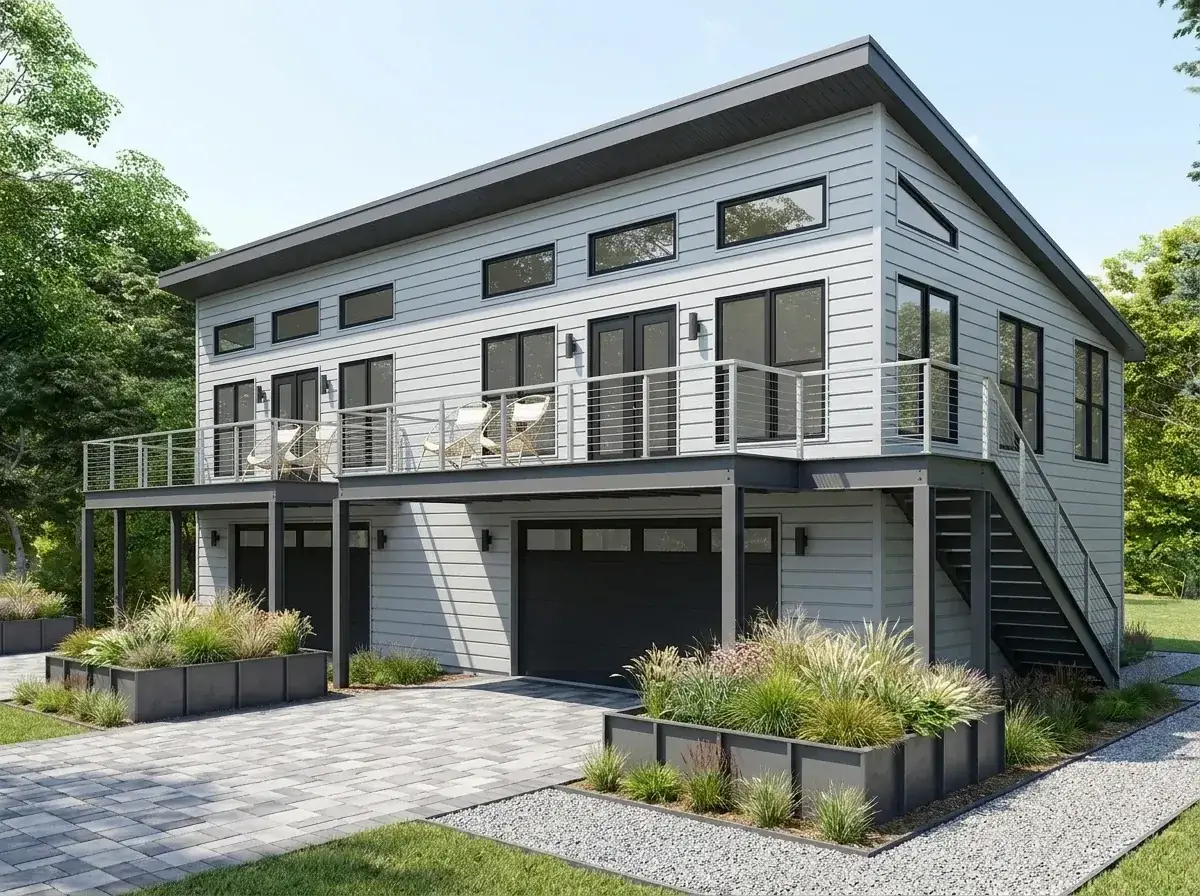 Industrial grey horizontal siding duplex with steel deck supports