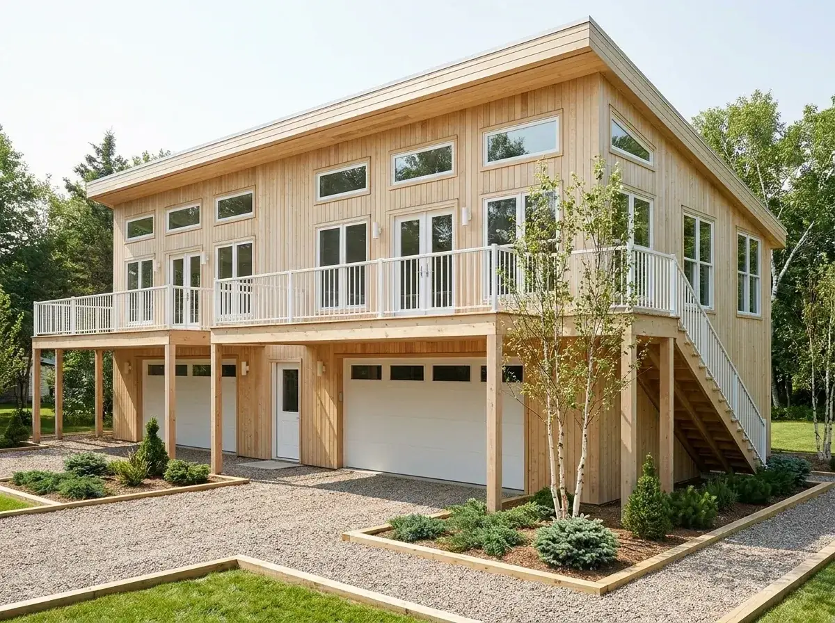 Scandinavian style duplex with vertical natural wood siding and white trim