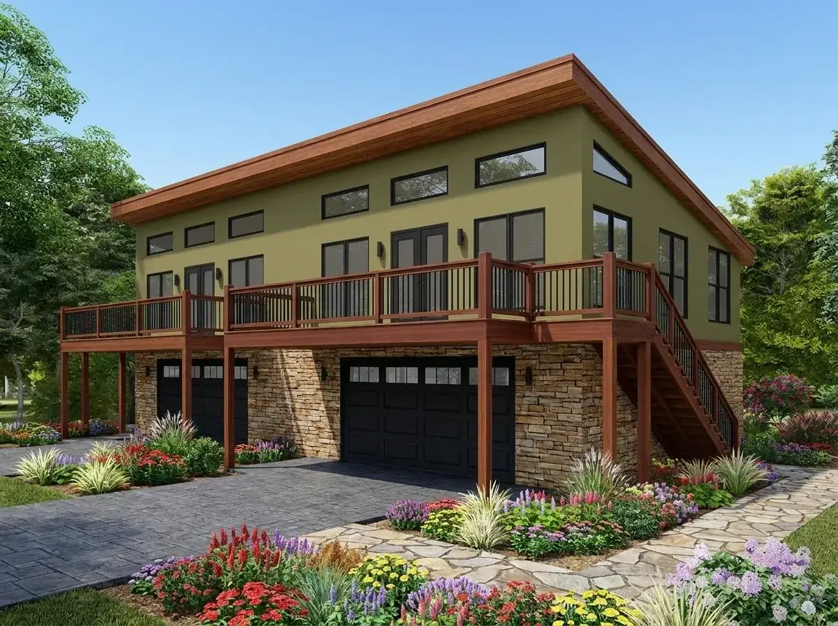Olive stucco duplex with stone veneer base and wood railing