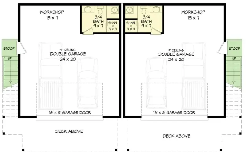 Modern duplex main floor plan with two mirrored garages and entry stairs