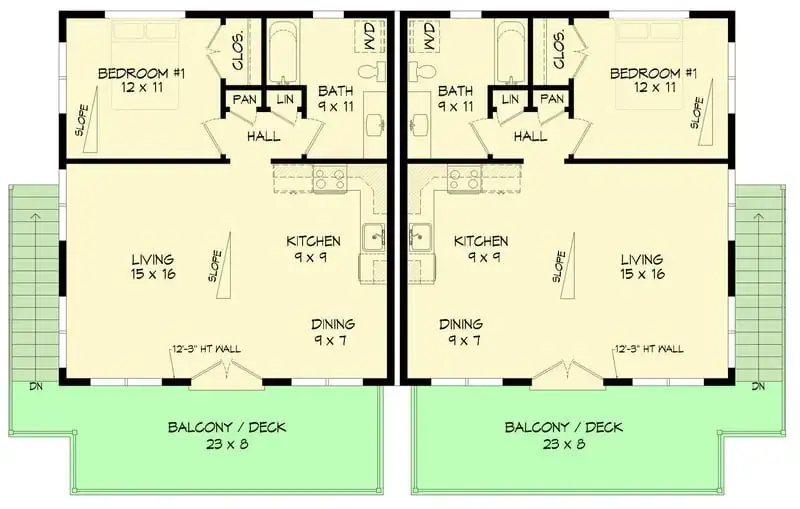 Modern duplex second floor plan with twin 776 sqft units and front decks