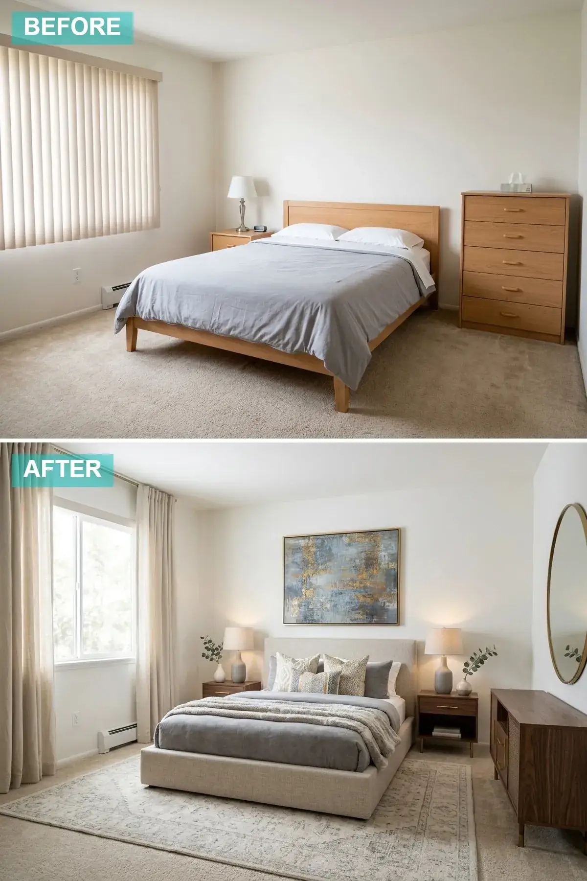 Compact bedroom styled in modern elegant decor with upholstered bed and brass accents