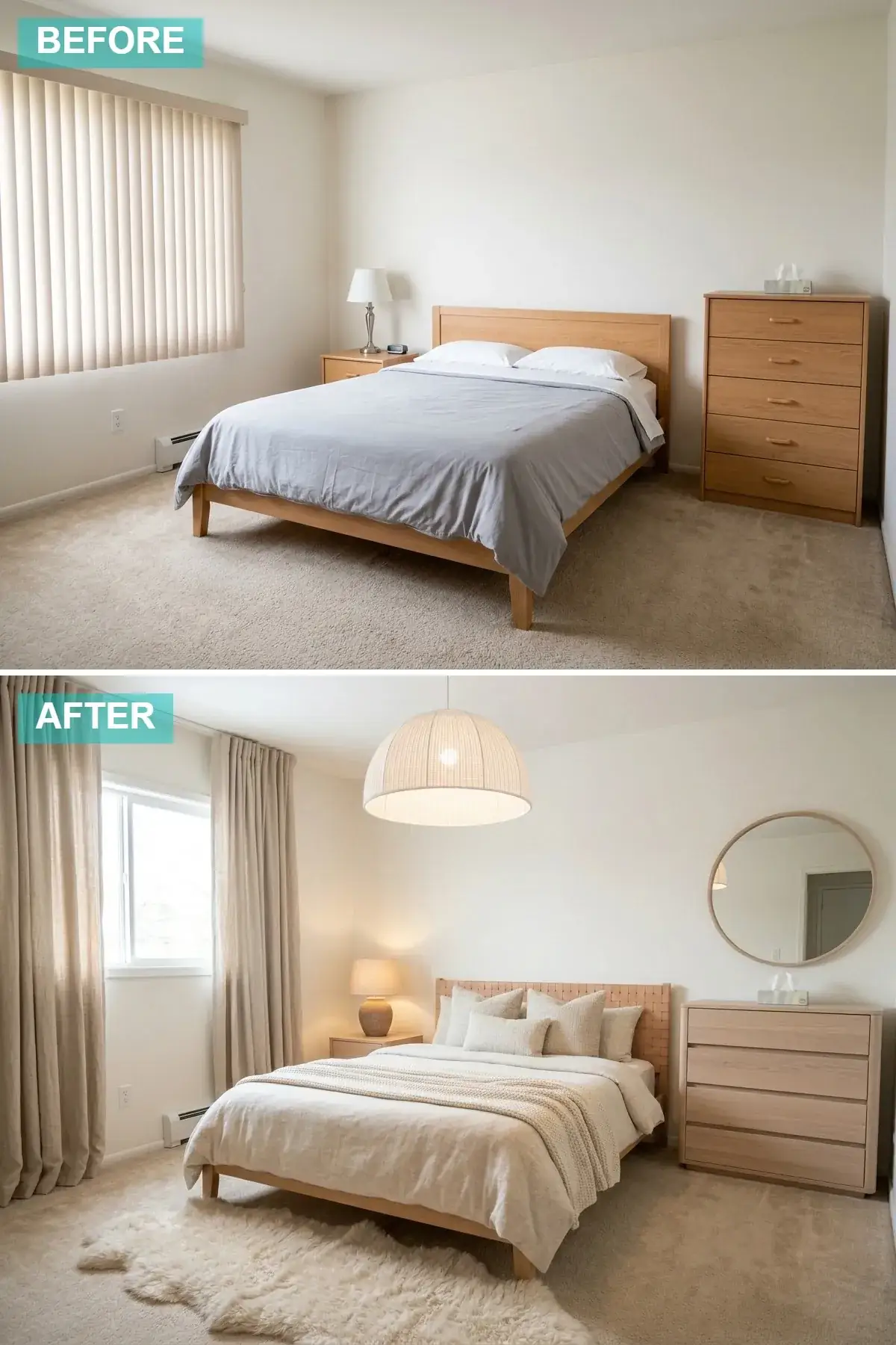 Compact Scandi-Japandi bedroom with woven leather headboard, light ash wood and layered neutral textures