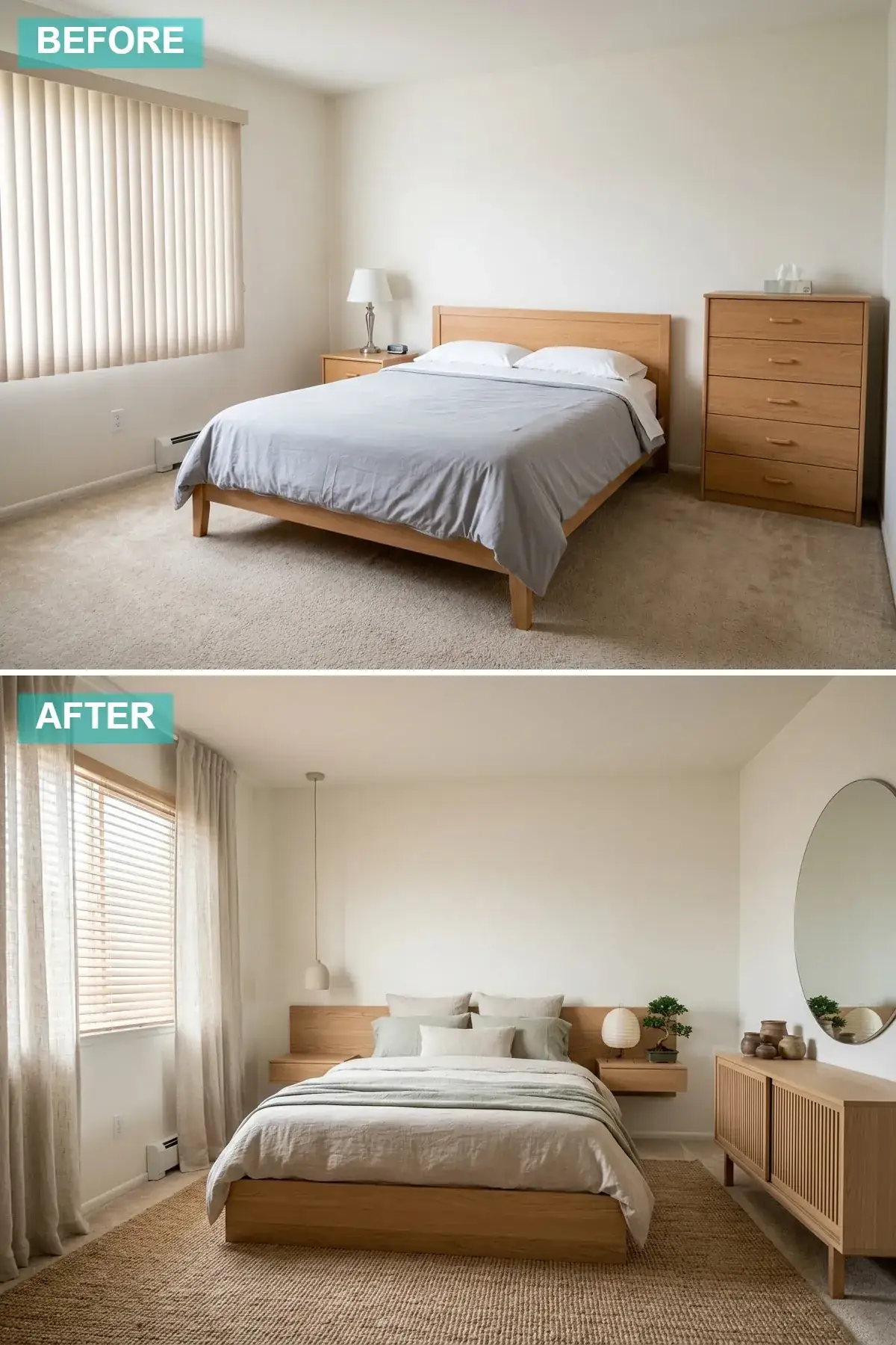 Compact Japandi zen bedroom with built-in wood headboard, floating nightstands and slatted console