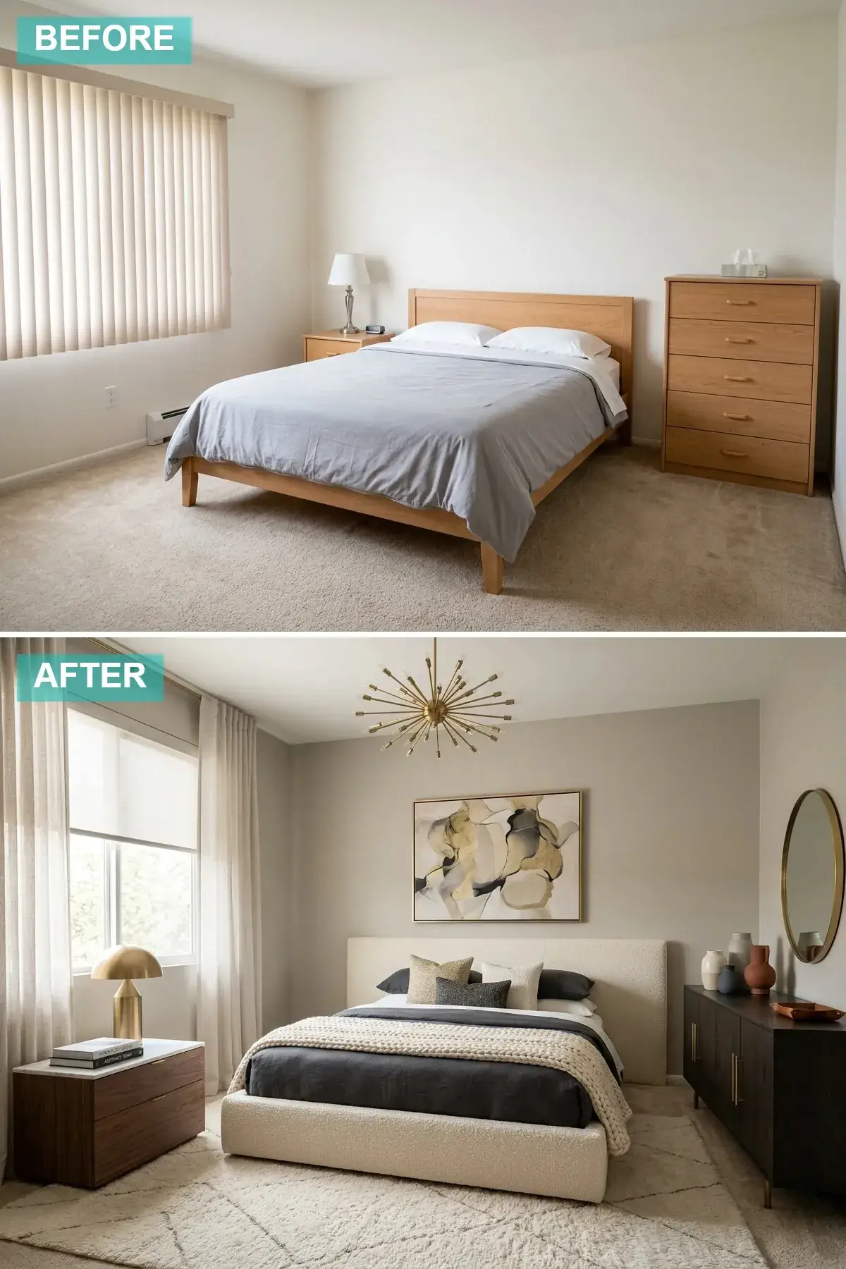 Compact contemporary bedroom with cream boucle bed, dark walnut and brass furniture and Moroccan rug