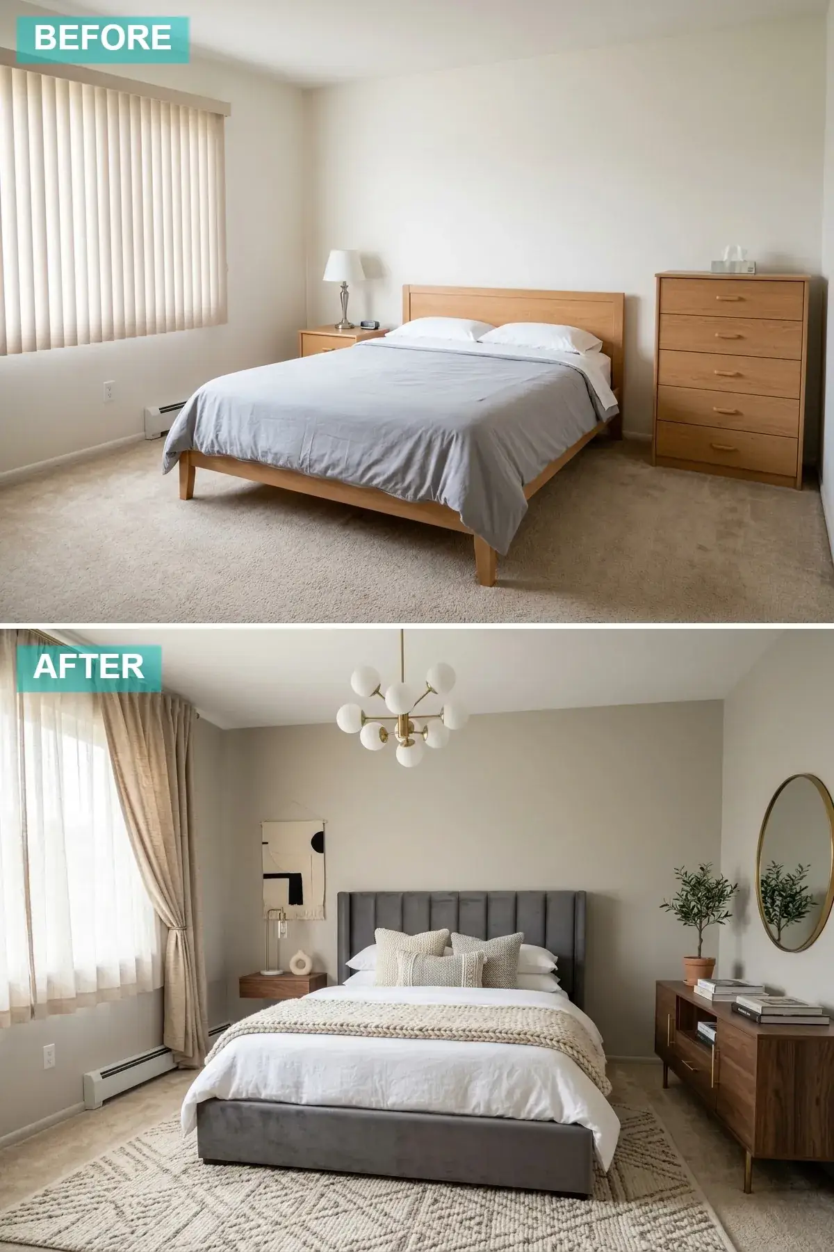 Compact bedroom with grey velvet channel-tufted bed and walnut mid-century furniture