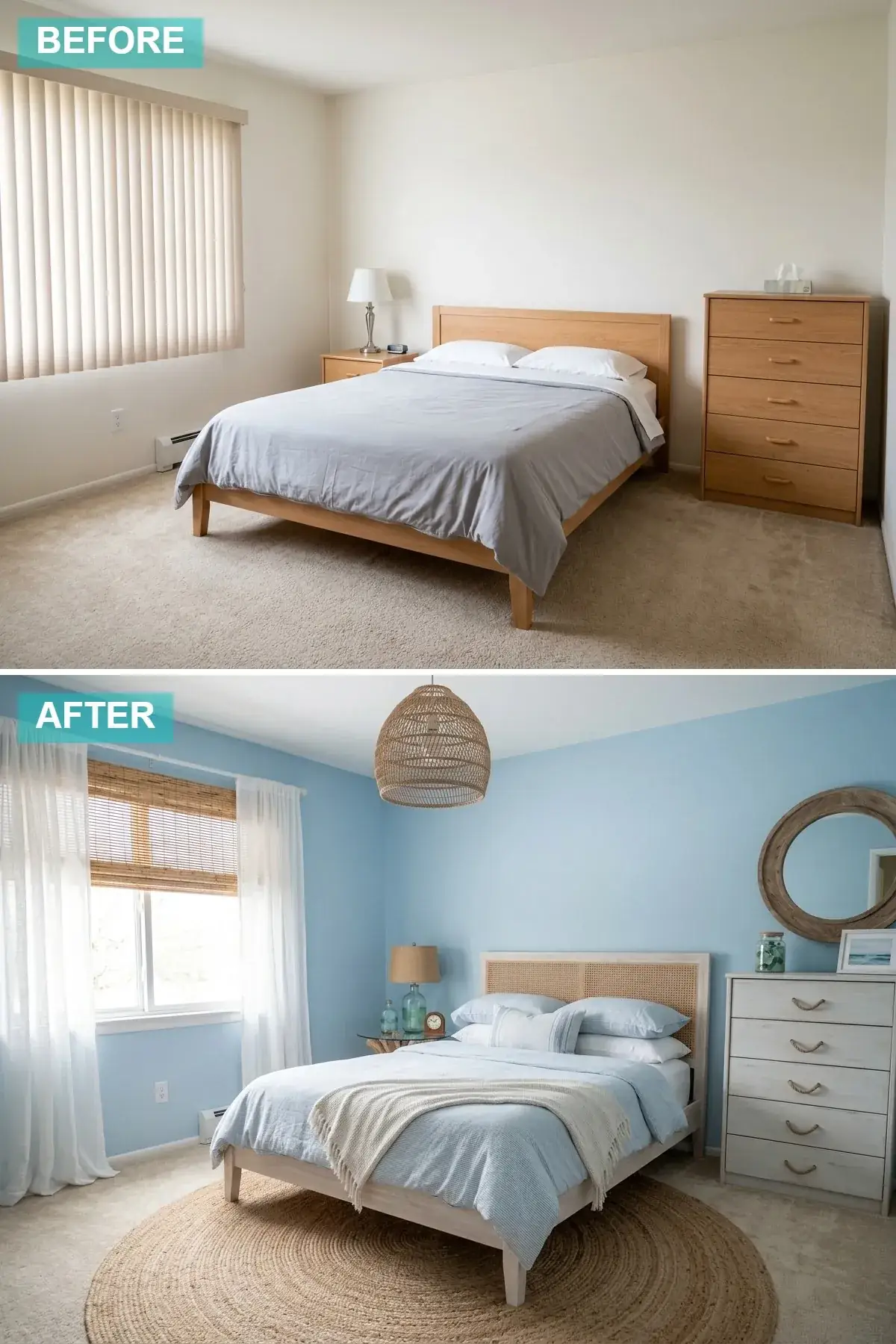 Compact coastal bedroom with cane and wood bed, light blue walls and jute rug