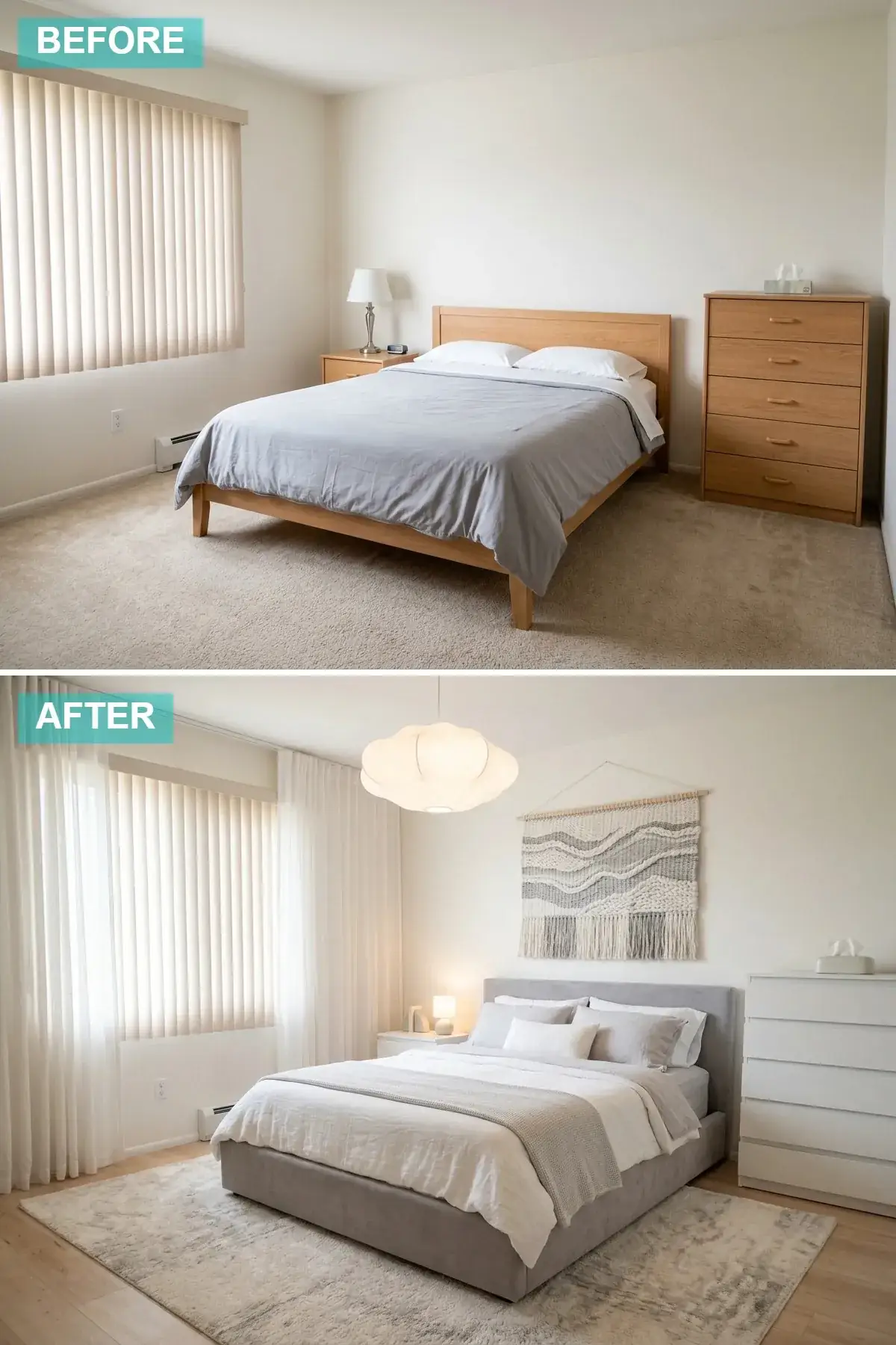 Compact Scandinavian minimalist bedroom in white and grey with woven wall hanging