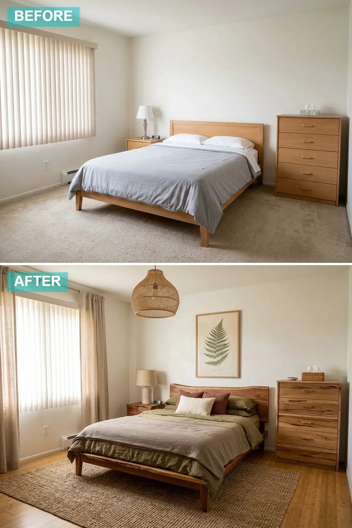 Compact organic boho bedroom with live-edge wood bed and earthy olive and terracotta tones
