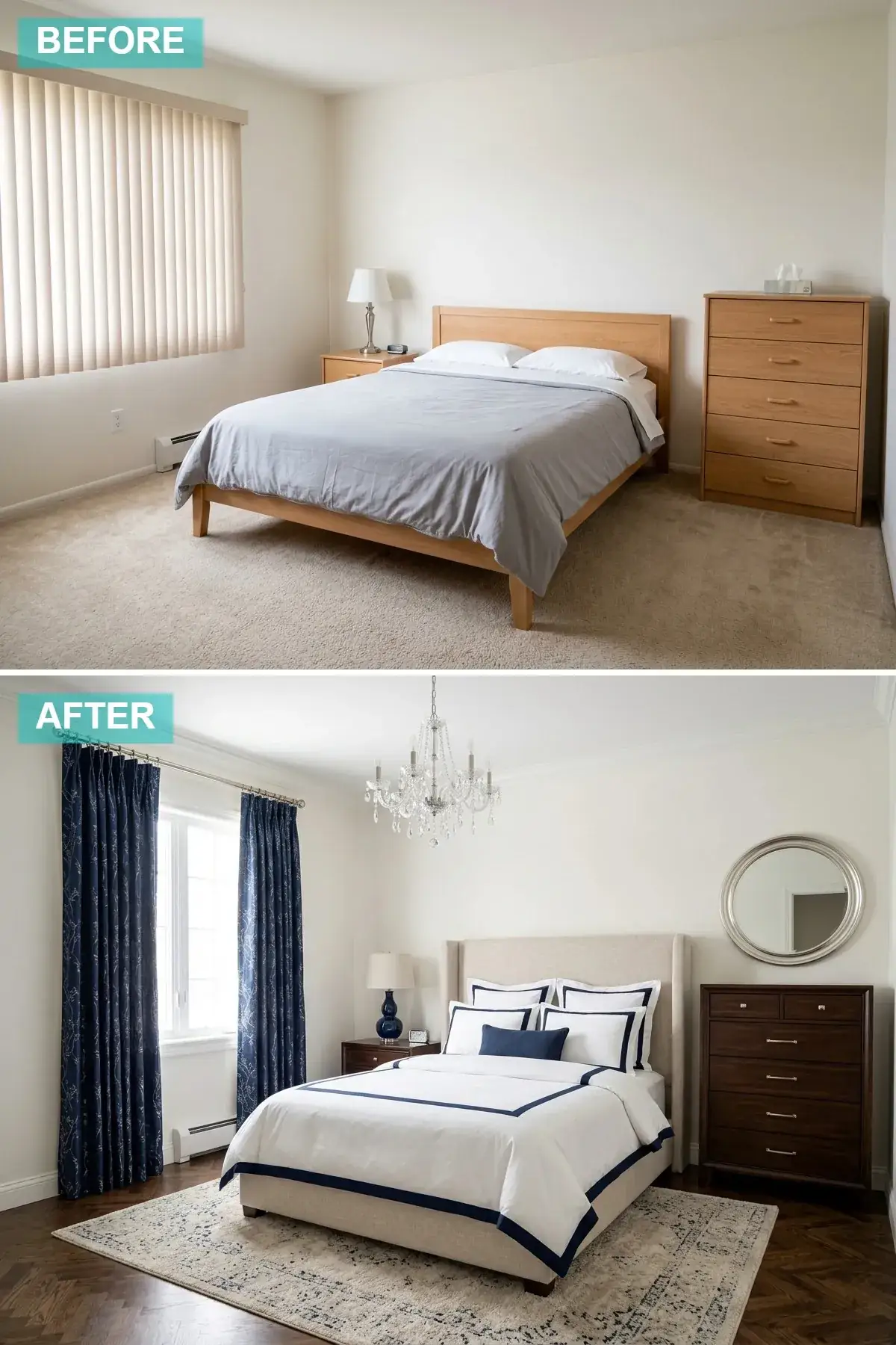 Compact classic bedroom with wingback upholstered bed, herringbone floor and crystal chandelier