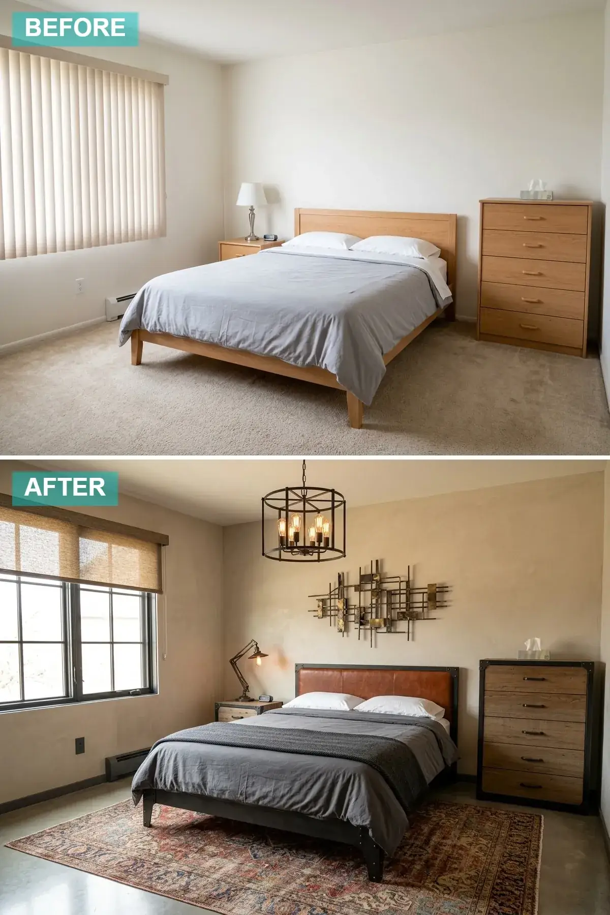 Compact industrial bedroom with concrete-look walls, leather headboard and matte black metal furniture