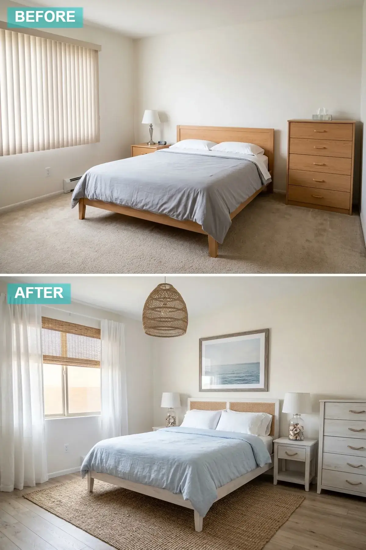 Bright compact boho-beach bedroom with cane headboard, light oak floor and rattan pendant