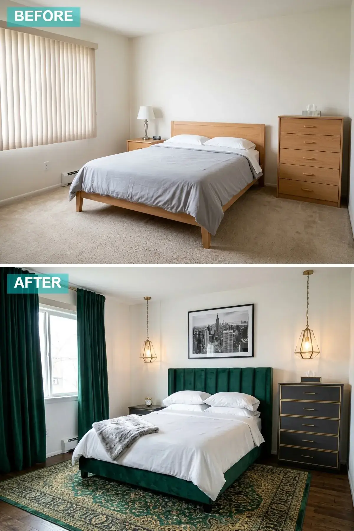 Compact Art Deco bedroom with emerald green velvet bed, black and gold furniture and dark wood floor