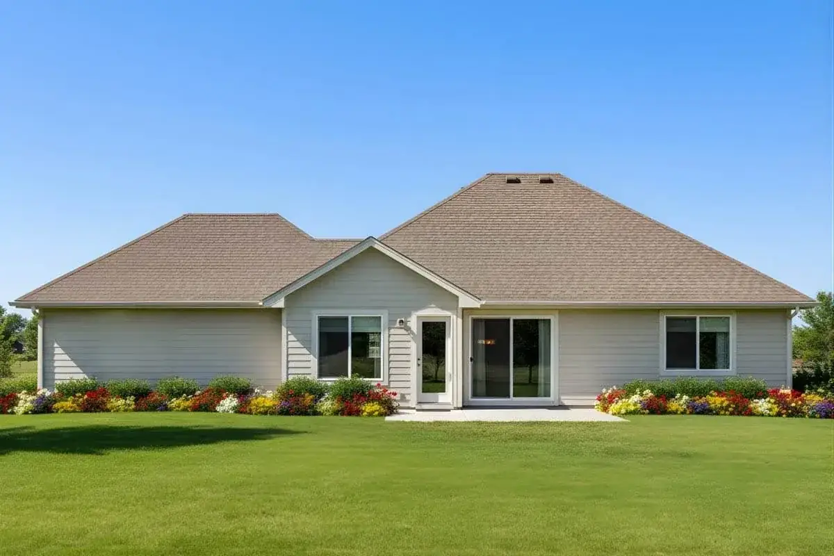 Craftsman ranch exterior with arched porch, dark horizontal siding, wood shake gables, and stone veneer base