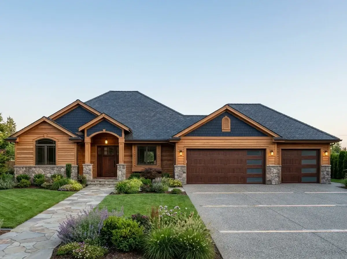 Rustic wood Craftsman facade — warm horizontal wood siding, shake gables, stone base, dark shingle roof