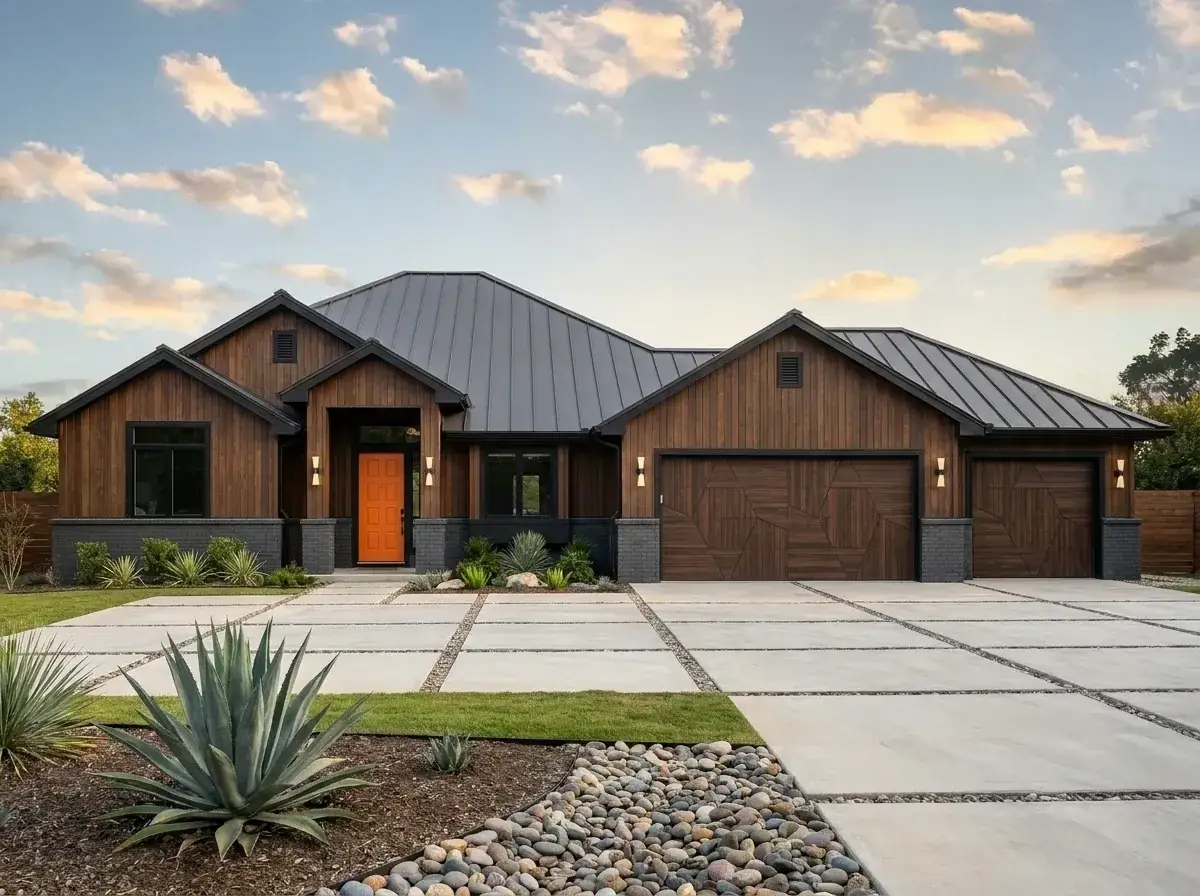 Southwest contemporary facade — dark vertical wood siding, dark metal roof, geometric garage doors, xeriscape