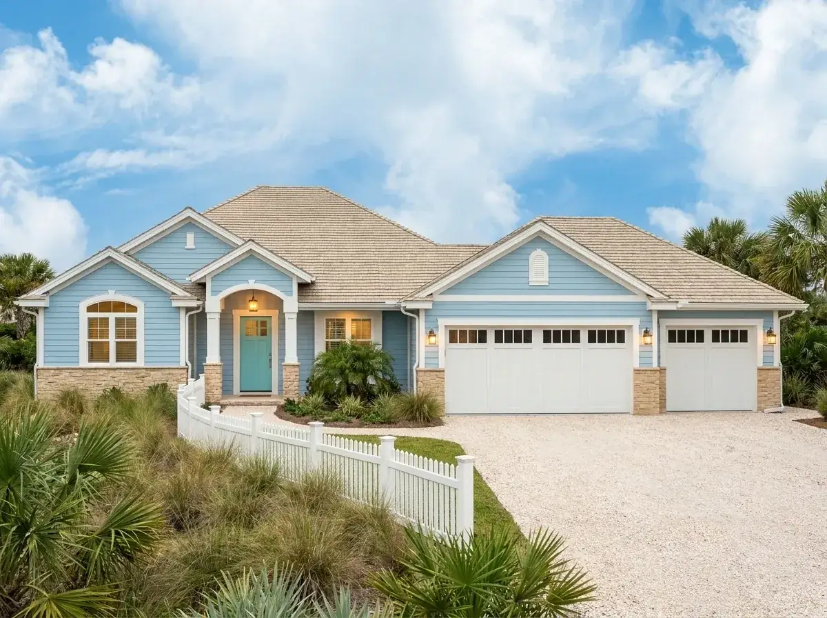 Coastal ranch facade — light blue siding, white trim, beige shake roof, turquoise door, palm and dune grasses