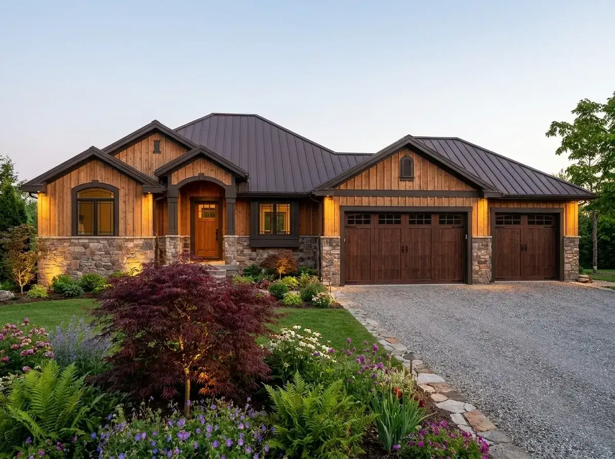 Mountain Craftsman facade — natural cedar board-and-batten, shake gables, heavy stone base, dark metal roof