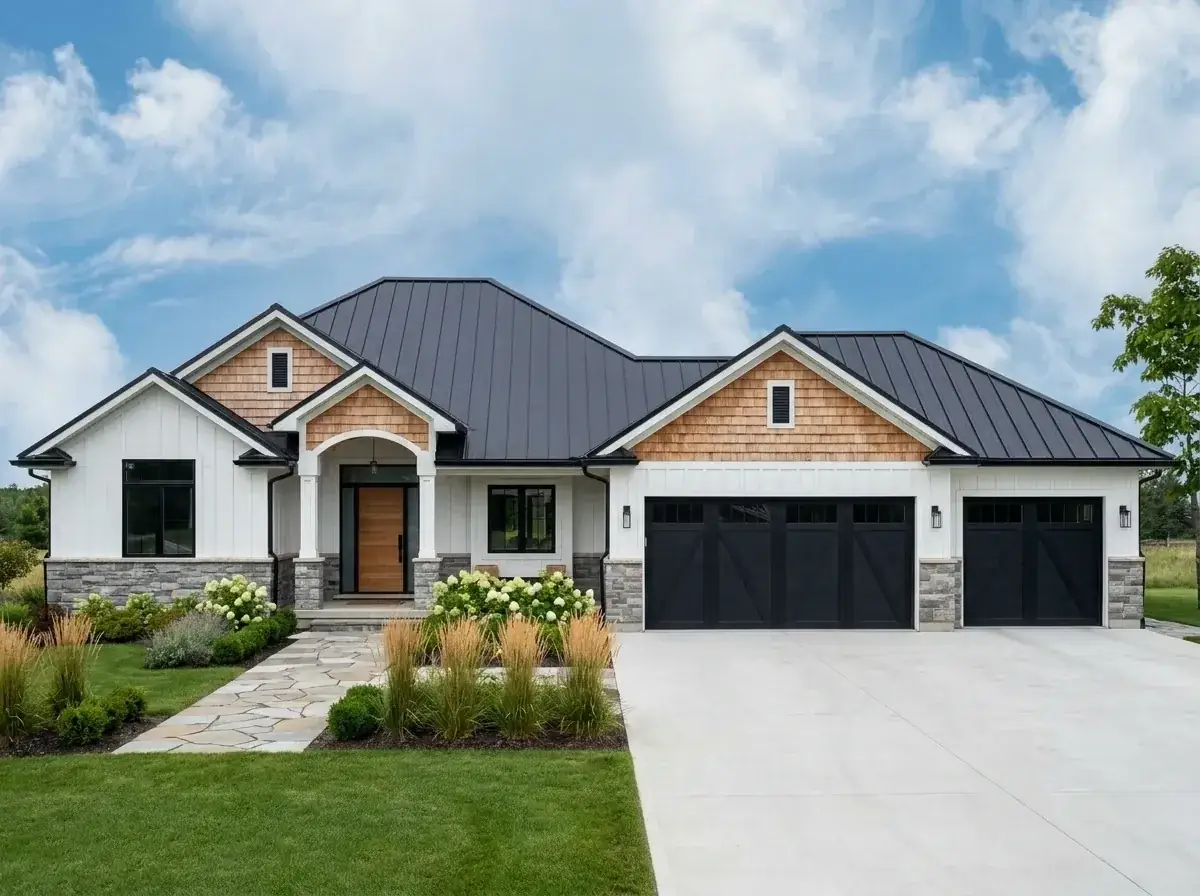 Scandi-farmhouse blend facade — white board-and-batten with natural wood shake gables and black metal roof