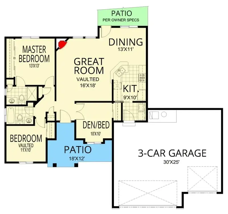 Plan 267115SPK main floor — 1,207 sqft Craftsman ranch with split bedrooms, vaulted great room, and 3-car garage