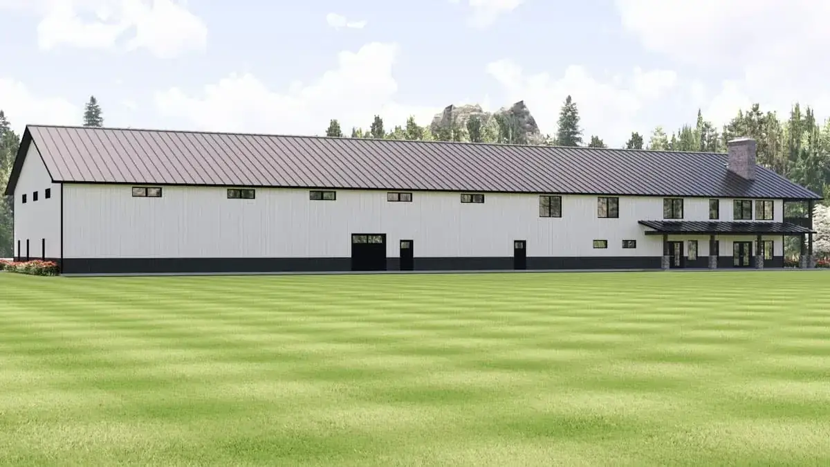 Plan 135422GRA front elevation — barndominium with board-and-batten siding, stone base, timber porch framing, metal roof