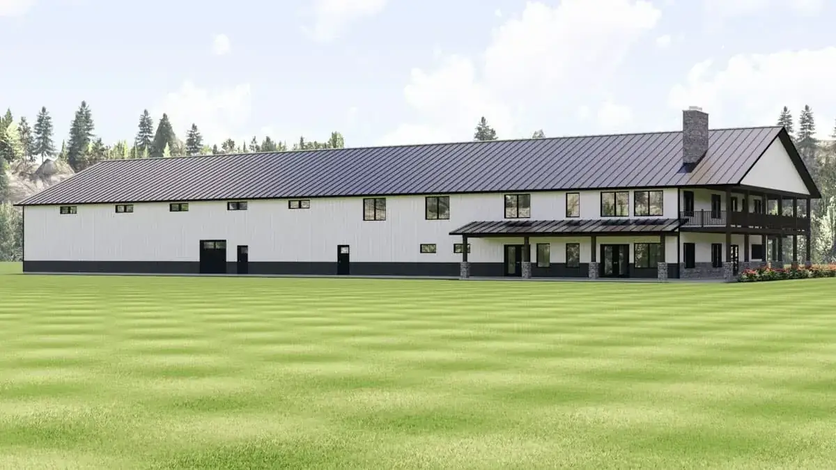 Side elevation showing the shop wing with multiple large overhead doors