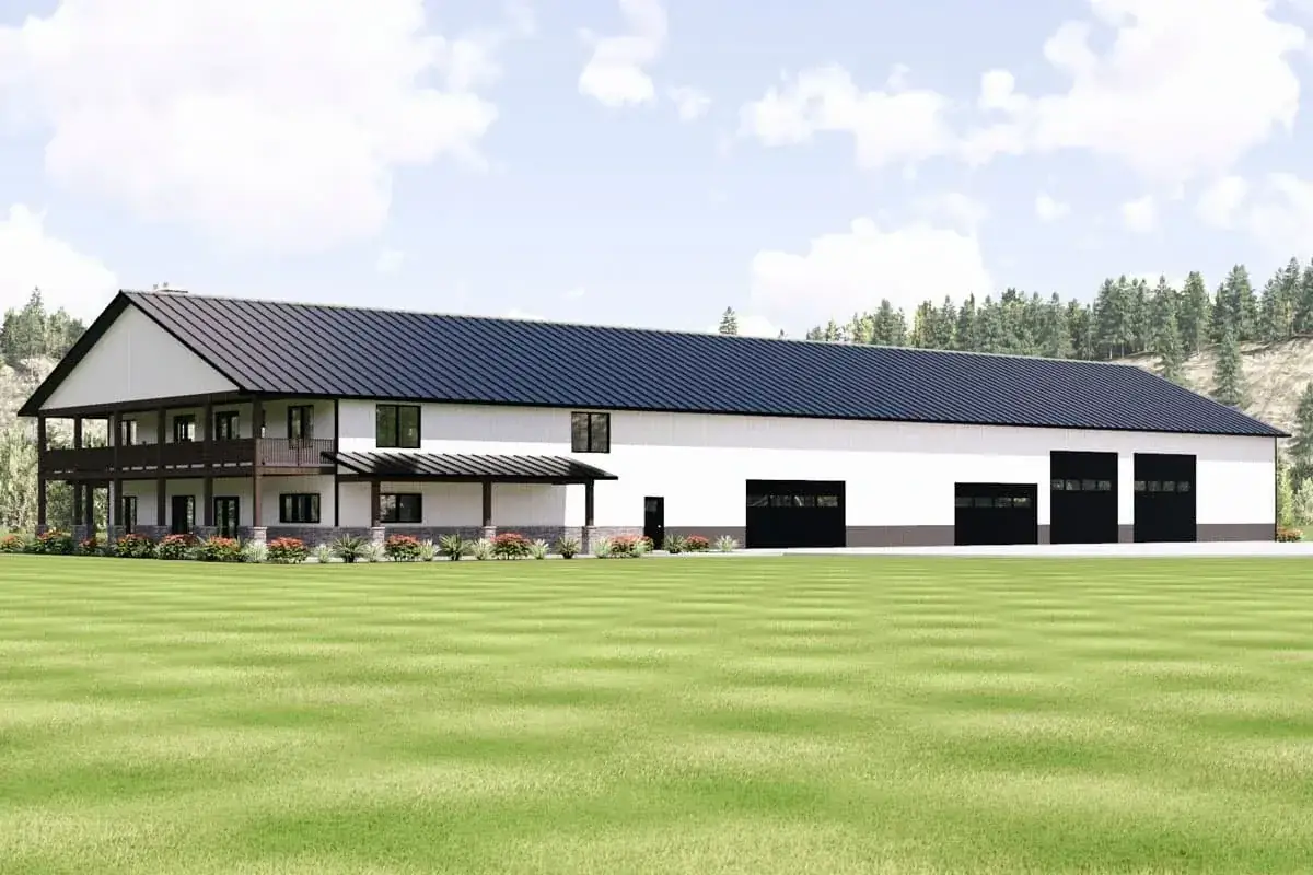 Rear elevation showing deck and great room window wall
