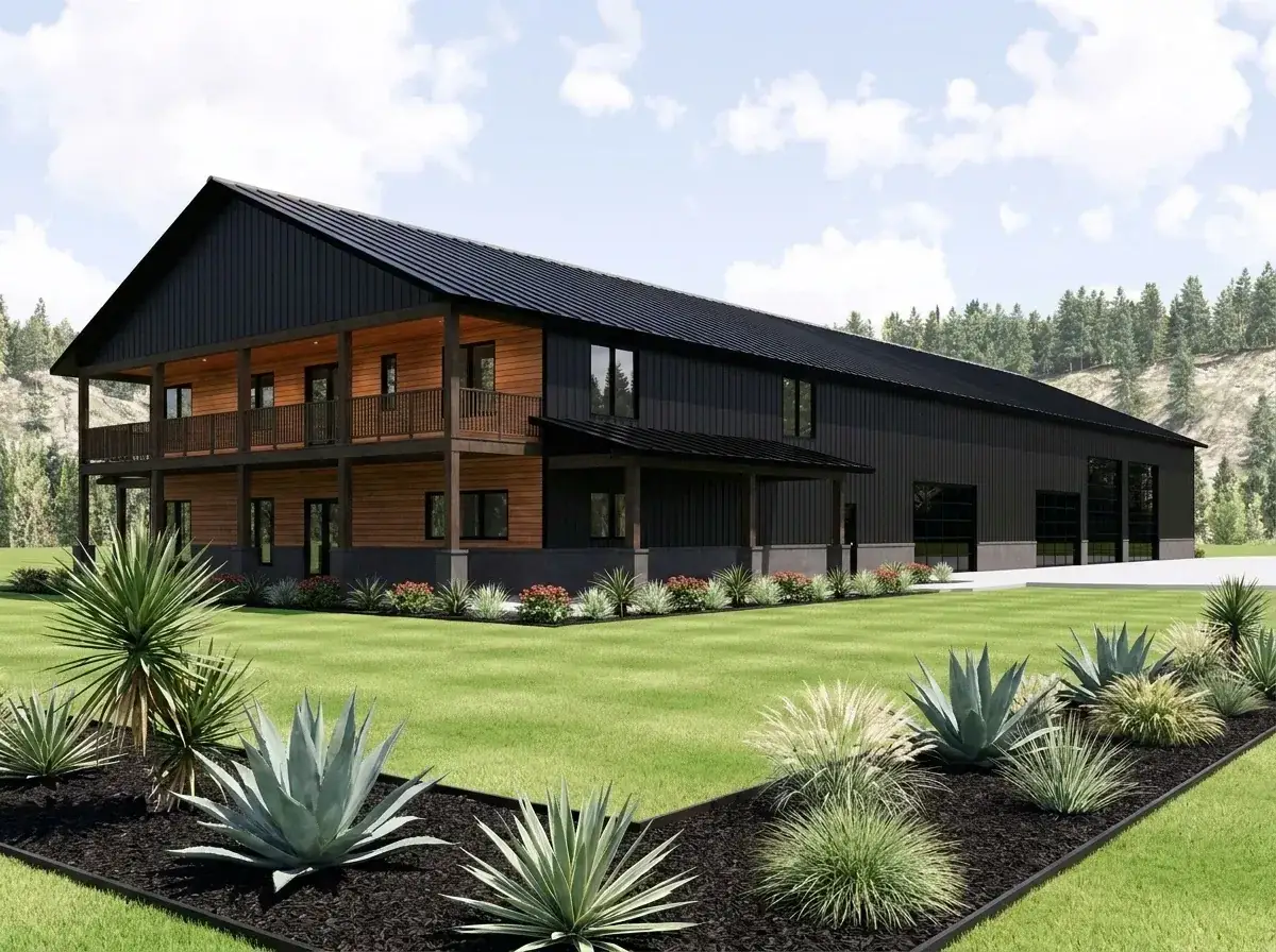 Dark monochromatic barn facade — black vertical siding with natural timber porch contrast