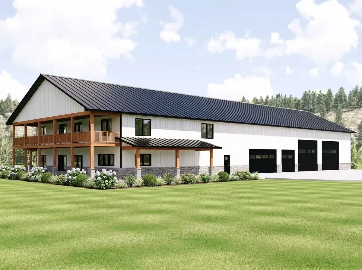 Classic white farmhouse facade with dark metal roof and stone base