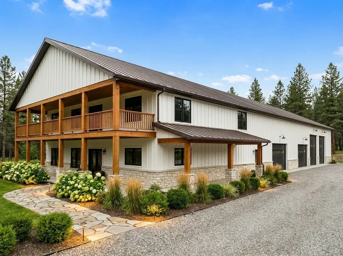 Warm wood and stone facade with stained brown timbers and light stone veneer